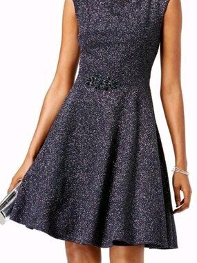 Betsy & Adam Womens Gray Brooch Glitter Textured Fit & Flare Dress Size 12